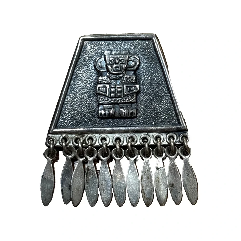 Vintage Peruvian Mexico Mayan Sterling Silver Brooch Warrior Motif with Tassels